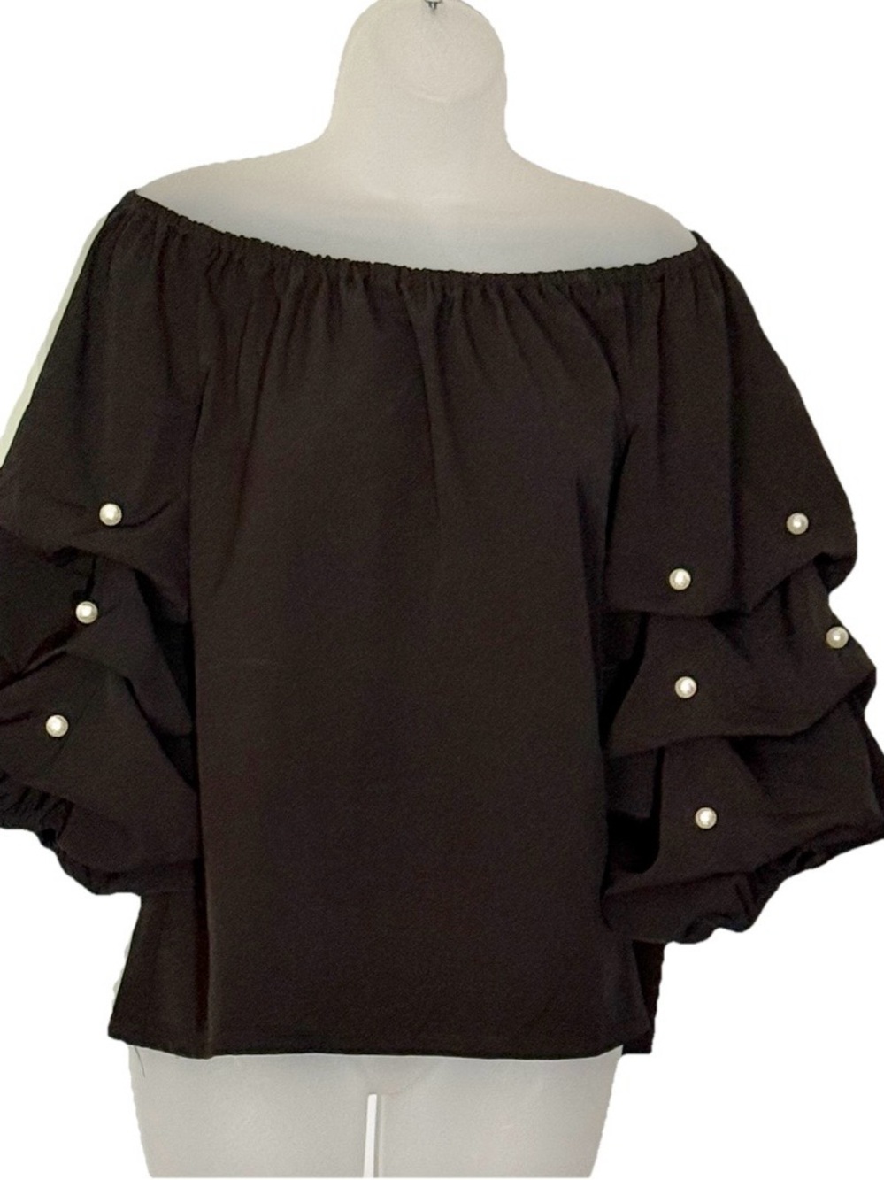 CeCe Black Off-Shoulder Pearl-Button Ruffle Blouse Large